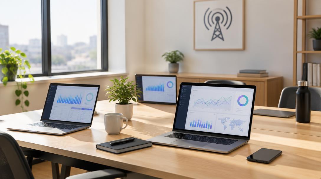 Small telecom office with laptops showing call analytics dashboards