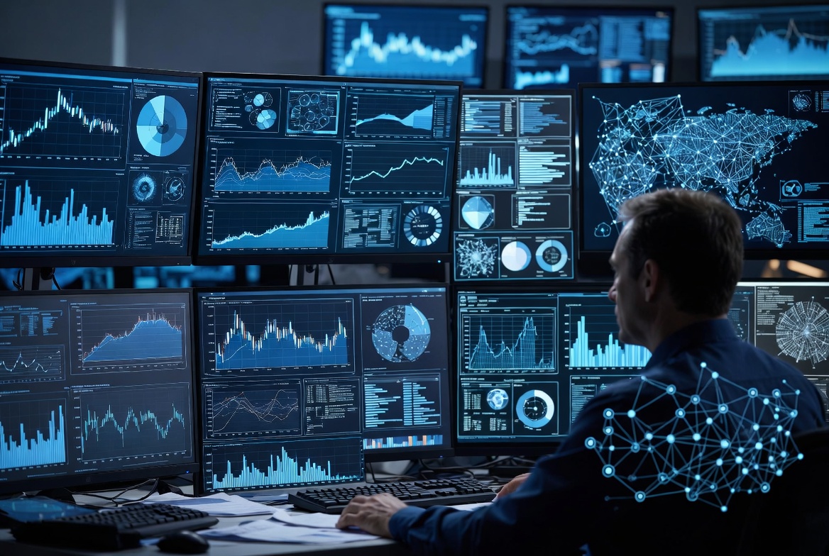 Analyst reviewing data visualizations across many screens
